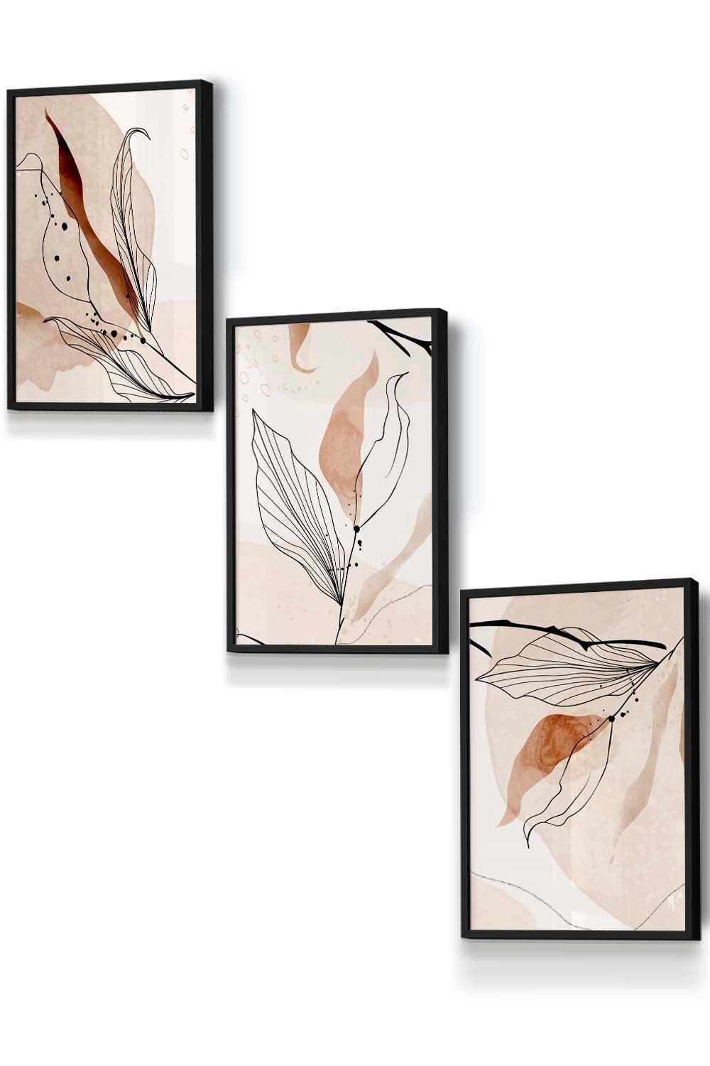 Set of 3 Black Framed Graphical Line Art Autumn Leaves Wall Art